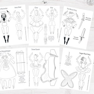 Può includere: Bambole di carta stampabili in bianco e nero di personaggi del balletto Lo Schiaccianoci. Le bambole includono Clara, Fritz, lo Schiaccianoci, Hans Peter, il Re Topo, Herr Drosselmeyer, la Regina delle Nevi e la Fata Confetto.