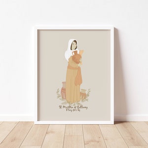 May include: A printable art print featuring a digital illustration of Saint Martha of Bethany, a woman holding a jug and a loaf of bread. The background is a light beige color. The text "St. Martha of Bethany Pray for us" is at the bottom of the print.