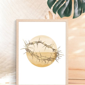 May include: A framed print of a watercolor illustration of a crown of thorns on a yellow and white circle background.