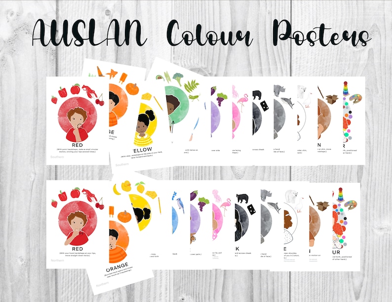 May include: A set of 10 printable posters featuring different colors with illustrations of objects in that color. Each poster includes the color name in sign language and the word "RED", "ORANGE", "YELLOW", "GREEN", "BLUE", "PINK", "BLACK", "WHITE", "BROWN", and "PURPLE" in English.