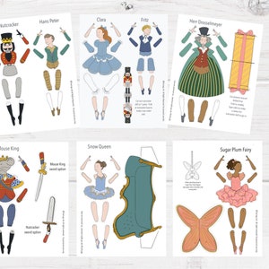 May include: Printable paper doll set featuring characters from The Nutcracker ballet. The set includes The Nutcracker, Hans Peter, Clara, Fritz, Herr Drosselmeyer, The Mouse King, Snow Queen, and Sugar Plum Fairy.