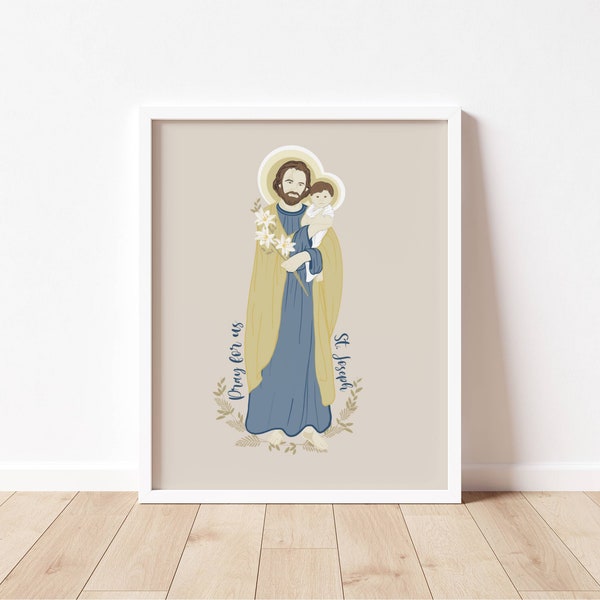 ST JOSEPH with Jesus - Catholic Saint Art Print - Digital Download - Communion of Saints -Saint Series -  Quote