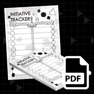 May include: Two black and white printable initiative trackers for tabletop role-playing games. The trackers feature a sword, dice, and a space for character names, conditions, and hit points.