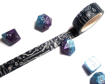 Black DnD Washi Tape | Dungeons and Dragons Geeky Stationery Gifts | D20 Decorative Scrapbooking Magic Tape | Polyhedral Dice Nerd Stickers