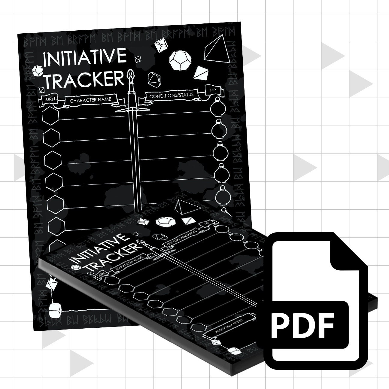 Printable PDF | DnD 5E Combat Initiative Tracker, Black Dungeons and Dragons Character Sheet | Simple Fillable DM Screen Insert for Players