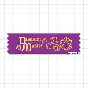 May include: A rectangular purple sticker with jagged edges featuring the yellow text Disaster Master and various yellow geometric polyhedral dice shapes including a d4, d6, d8, d12, and d20. The word pecknorder is printed in small black text.