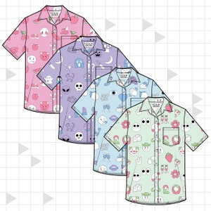 May include: Four short-sleeved button-down shirts with different colorful patterns. Each shirt has a pocket on the left side and the text "Heck 'n Order" printed on the pocket. The patterns include pink with watermelon, cherries, and smiley faces; purple with skulls, bats, and stars; blue with eyes, lips, and champagne glasses; and green with smiley faces, strawberries, and pizza slices.
