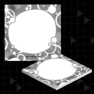 May include: Two gray and white patterned sticky note pads with a large white speech bubble in the center of each pad. The text "PECK & ORDER" is printed in black at the bottom of each pad.