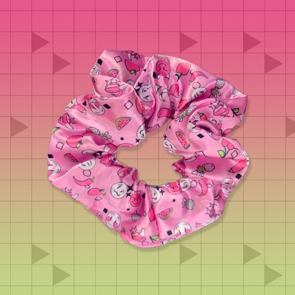 Emoji Scrunchie | Cute Neon Cherry Pink Smiley Face Scrunchie Set, Soft Stretchy Satin Elastic Hair Tie | Kawaii Pastel Fairy Kei, Clowncore