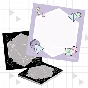 Puede incluir: Tres notas adhesivas con patrones geométricos con fondo morado, negro y negro. Cada nota presenta una gran forma geométrica gris con líneas blancas y formas geométricas más pequeñas de varios colores alrededor de los bordes. La nota morada tiene el texto "PECK n ORDER" en la parte inferior.