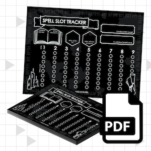 Puede incluir: Rastreador de ranuras de hechizos imprimible en blanco y negro para juegos de rol de Dungeons and Dragons. El rastreador tiene una cuadrícula de círculos para marcar las ranuras de hechizos utilizadas. El texto "SPELL SLOT TRACKER" está en la parte superior de la hoja.