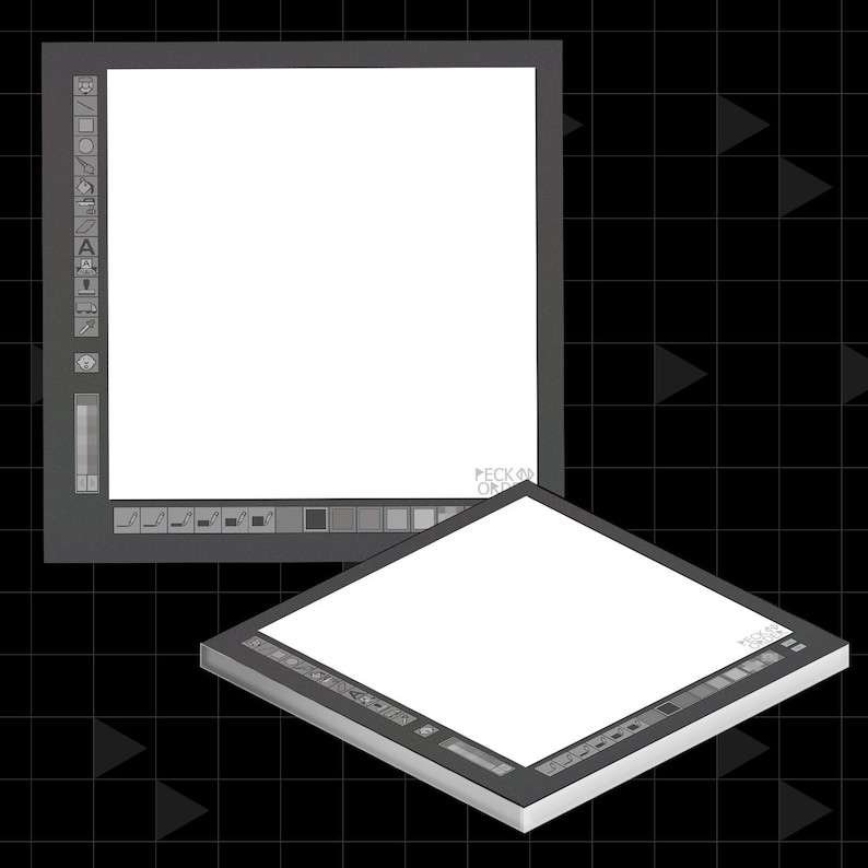 May include: Two grey digital drawing tablets with blank white screens. The tablets have a row of icons along the bottom and a small row of icons along the left side. The tablets are on a black and white grid background.