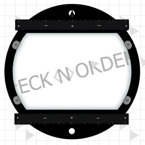May include: A black circular frame with two black rulers attached to the top and bottom. The frame has a white background and a small black circle in the center. The frame is designed for photography and videography.