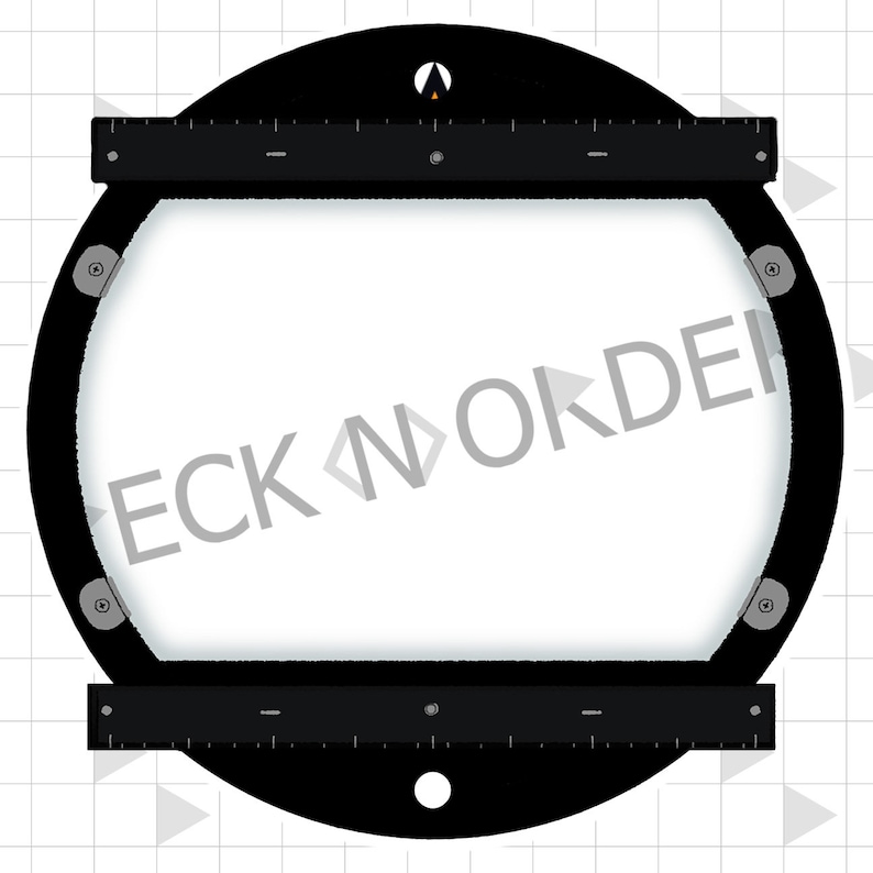 May include: A black circular frame with two black rulers attached to the top and bottom. The frame has a white background and a small black circle in the center. The frame is designed for photography and videography.