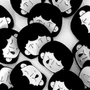 May include: Black and white illustration of cartoon faces with closed eyes. The faces are all different shapes and sizes, and some have different expressions.