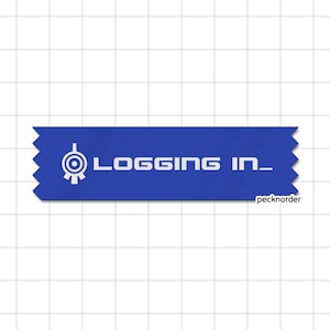 Puede incluir: Una pegatina azul rectangular con bordes dentados similares a cinta adhesiva. Presenta un icono circular blanco con un punto central y líneas radiantes, seguido del texto blanco "LOGGING IN_" y el texto pequeño "peckorder" en la esquina inferior derecha.