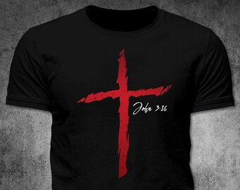 Rugged Cross John 3:16 Christian Bible Verse Distressed Graphic T Shirt (Black)