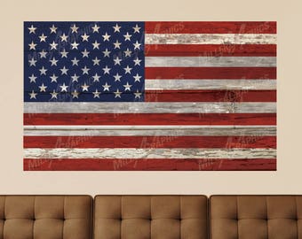 American Flag Vintage Distressed Wood Wall Decal Sticker Graphic Art - 4 Sizes Available