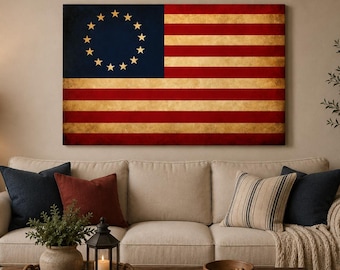Vintage 13 Star American Flag Wall Art, Betsy Ross Flag Canvas Print, Rustic Patriotic Decor, Americana Wall Art, Colonial Flag Decor