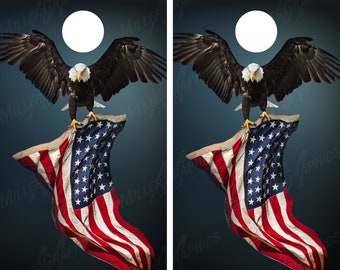 Flying Bald Eagle V5 American Flag Patriotic Cornhole Board Decals Wraps