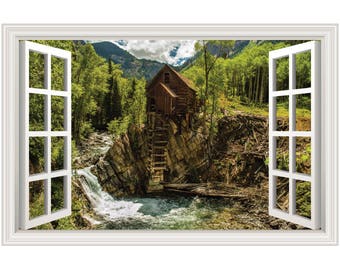 Mountains Cabin Waterfall Wall Decal Sticker Graphic Art - 4 Sizes Available (More Options)