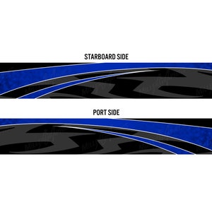 May include: Two black and blue graphic designs for a boat. The top design is labeled "Starboard Side" and the bottom design is labeled "Port Side".