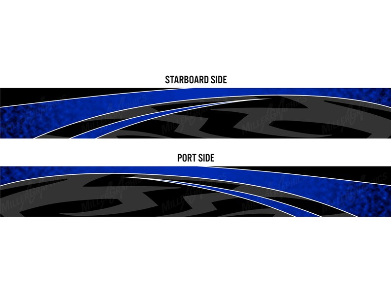 May include: Two black and blue graphic designs for a boat. The top design is labeled "Starboard Side" and the bottom design is labeled "Port Side".