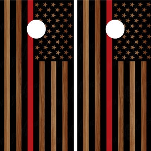 Firefighter Thin Red Line #4 American Flag (black) Woodgrain Cornhole Wraps Decals