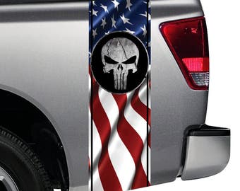 Punisher Skull Cracked Rock American Flag Military Truck Bed Band Stripe Decal Graphic Kit