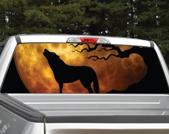 Wolf Howling Orange Moon Rear Window Graphic Decal (Perforated)