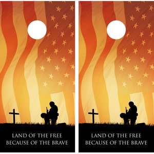Land Of The Free Fallen Warrior Sunset American Flag Cornhole Wraps Decals