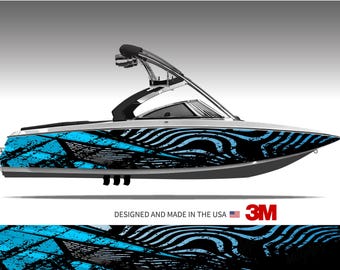 May include: A motorboat featuring a side hull wrap with a black and bright blue abstract graphic pattern. The design includes wavy lines and distressed textures. Below the boat, the text reads DESIGNED AND MADE IN THE USA with a flag and 3M logo.