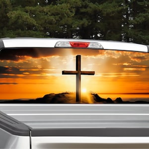 Cross Sunset V2 Christian Religious Rear Window Graphic Decal for Truck SUV (Perforated)