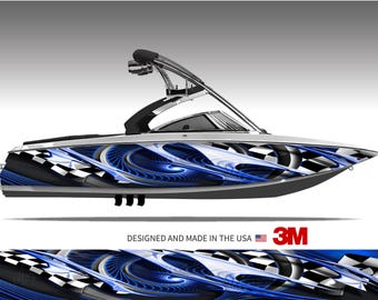 Overdrive (Blue) Abstract Checkered Flag Boat Wrap Kit 3M Premium Cast Vinyl - 15 Sizes Available