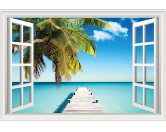 Beach Ocean Pier Palm Tree Wall Decal Sticker Graphic - 4 Sizes Available (More Options)