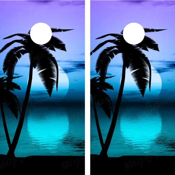 Beach Palm Trees #10 Tropical Sunset (Blue) Cornhole Board Decal Wrap Wraps