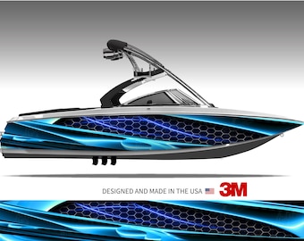 May include: A stylish motorboat with a striking blue and black design. The boat showcases a distinctive honeycomb pattern and flowing lines. The text reads "DESIGNED AND MADE IN THE USA" with the 3M logo.