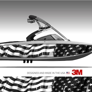 American Flag (Black and White) Waving Boat Wrap Kit 3M - 15 Sizes Available
