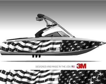 American Flag (Black and White) Waving Boat Wrap Kit 3M - 15 Sizes Available