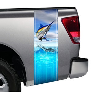 Blue Marlin Jumping Out of Water Truck Bed Band Stripe Decal Graphic Kit