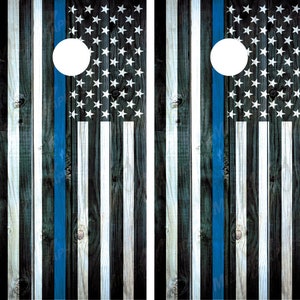 Police Blue Line Vintage Wood American Flag Cornhole Decal Wrap