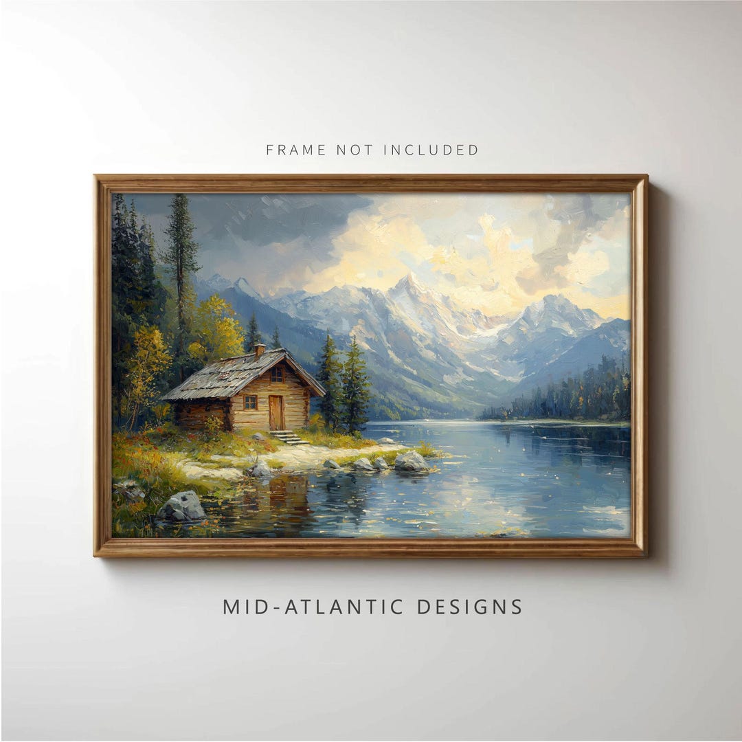 Mountain Lake Cabin Canvas | Poster Print, Rustic Landscape Wall Art ...