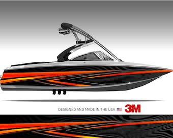 May include: A sleek, black and silver motorboat with vibrant orange and yellow chevron stripes. The boat features a silver roll bar, a windshield, and the text "DESIGNED AND MADE IN THE USA" with the 3M logo.