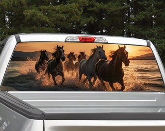 Wild Horses Running Ocean Scene V2 Rear Window Graphic Decal for Truck SUV (Perforated)