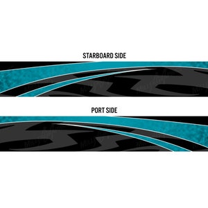 K&ouml;nnte beinhalten: Ein Paar schwarze und t&uuml;rkisfarbene Bootsaufkleber mit geometrischem Design. Die Aufkleber sind mit "Starboard Side" und "Port Side" beschriftet.