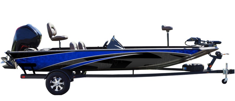 May include: A black and blue bass boat with a black and white graphic design on the side. The boat is on a trailer with a single wheel.