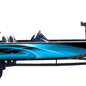 May include: A black and blue bass boat with a custom wrap design. The boat is on a trailer with a single axle and a spare tyre.
