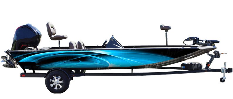 May include: A black and blue bass boat with a custom wrap design. The boat is on a trailer with a single axle and a spare tyre.