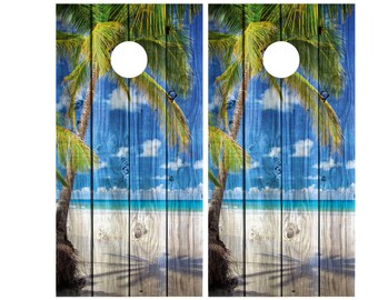 Beach Ocean Palm Tree Vintage Wood background Cornhole Decal Wrap