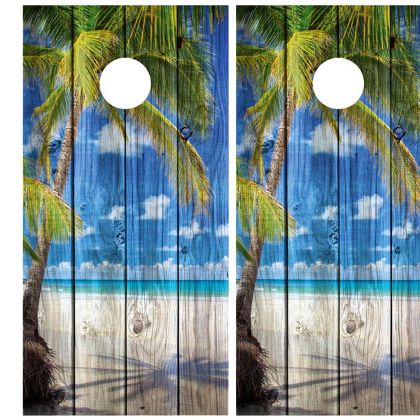 Beach Ocean Palm Tree Vintage Wood background Cornhole Decal Wrap